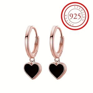 New S925 Silver Hypoallergenic Simple Black Heart Hanging Hoop Earrings